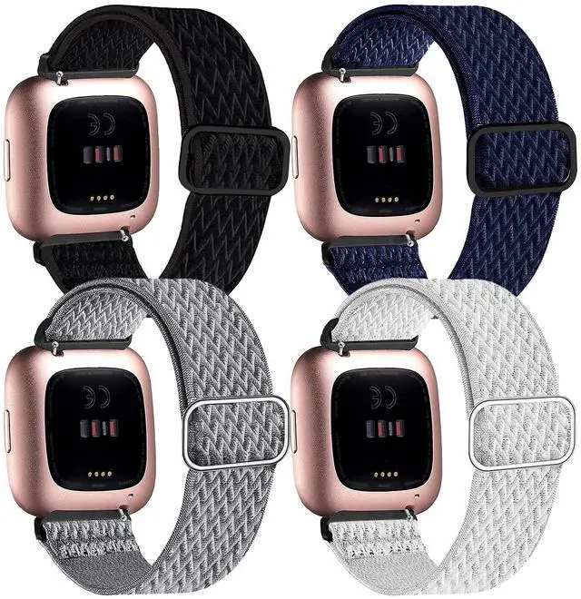 Main image of 4 Pack Elastic Bands Compatible With Fitbit Versa & Versa 2 Wristbands - Soft Loop Nylon Adjustable Stretchy Replacement Straps for Women & Men