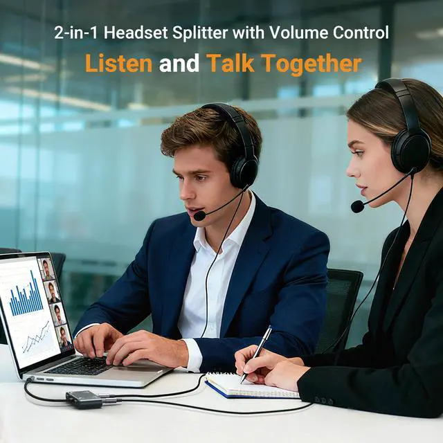 Alt view image 2 of 6 - 3.5mm Dual Headset Adapter with Volume Control, 1/8" to 2 TRRS Microphone Connector, Double Headphones Audio Splitter for 2 People Meeting, Recording, Online Training, Music Sharing