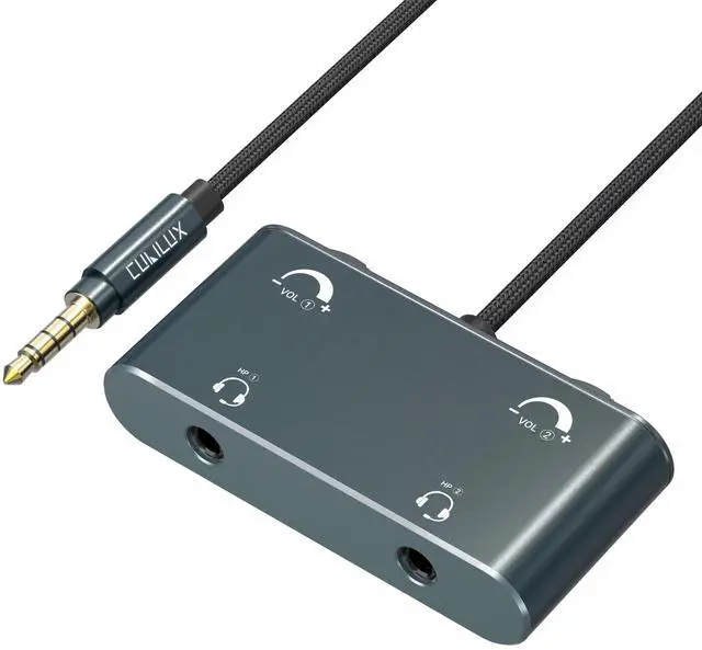 Main image of 3.5mm Dual Headset Adapter with Volume Control, 1/8" to 2 TRRS Microphone Connector, Double Headphones Audio Splitter for 2 People Meeting, Recording, Online Training, Music Sharing