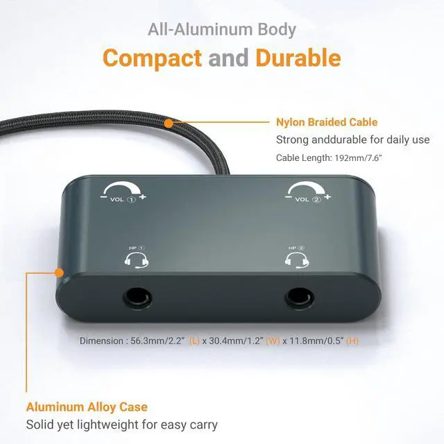 Alt view image 6 of 6 - 3.5mm Dual Headset Adapter with Volume Control, 1/8" to 2 TRRS Microphone Connector, Double Headphones Audio Splitter for 2 People Meeting, Recording, Online Training, Music Sharing