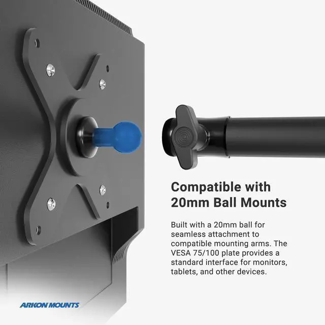 Alt view image 2 of 4 - Mounts VESA 75 / VESA 100 to 20mm Ball Mount Bracket Adapter | Industrial-Strength Construction | VESA-Compatible Devices | Durable 20mm Ball End | for TVs, Monitors, and Displays | AP20MMVESA