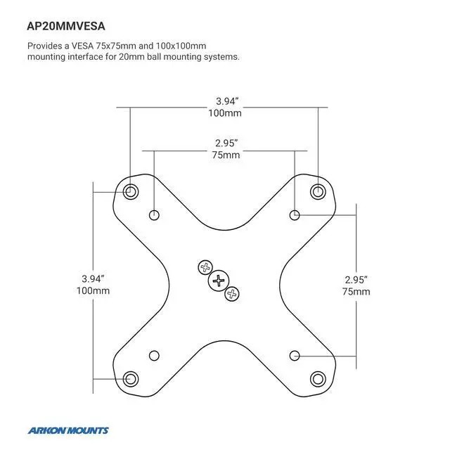Alt view image 4 of 4 - Mounts VESA 75 / VESA 100 to 20mm Ball Mount Bracket Adapter | Industrial-Strength Construction | VESA-Compatible Devices | Durable 20mm Ball End | for TVs, Monitors, and Displays | AP20MMVESA