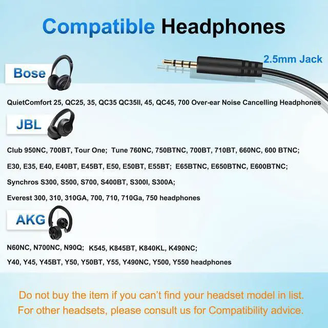 Alt view image 2 of 6 - 3.5mm to 2.5mm Audio Cable Replacement Cord for Bose Headphones Aux Wire | In-line Mic, Volume Control, Work for Bose NC700 QuietComfort Ultra 45 QC45 QC35II QC35 QC25 JBL Tune 720BT 660NC 670NC 770NC
