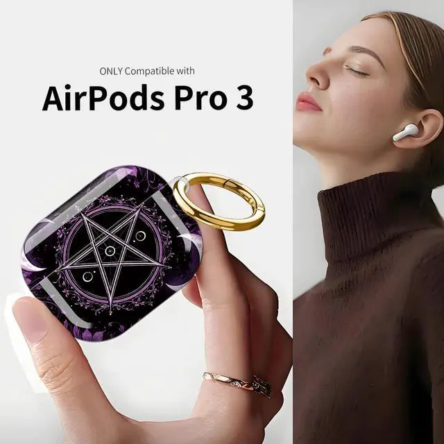 Alt view image 3 of 7 - Compatible with AirPod Pro 3 Case (2025), Shockproof Dustproof Protective Cover with Cute Golden Keychain for Women & Girls - Purple Moon Pentagram Floral