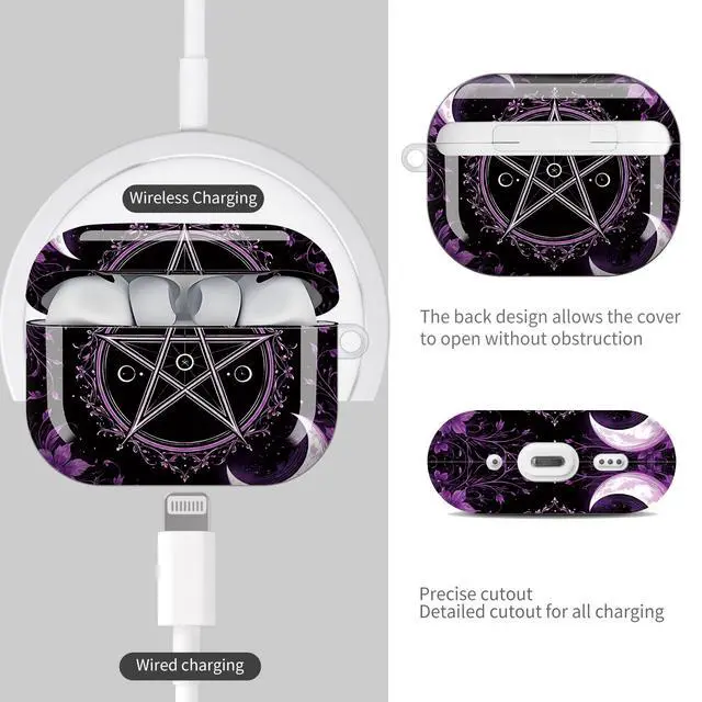 Alt view image 4 of 7 - Compatible with AirPod Pro 3 Case (2025), Shockproof Dustproof Protective Cover with Cute Golden Keychain for Women & Girls - Purple Moon Pentagram Floral