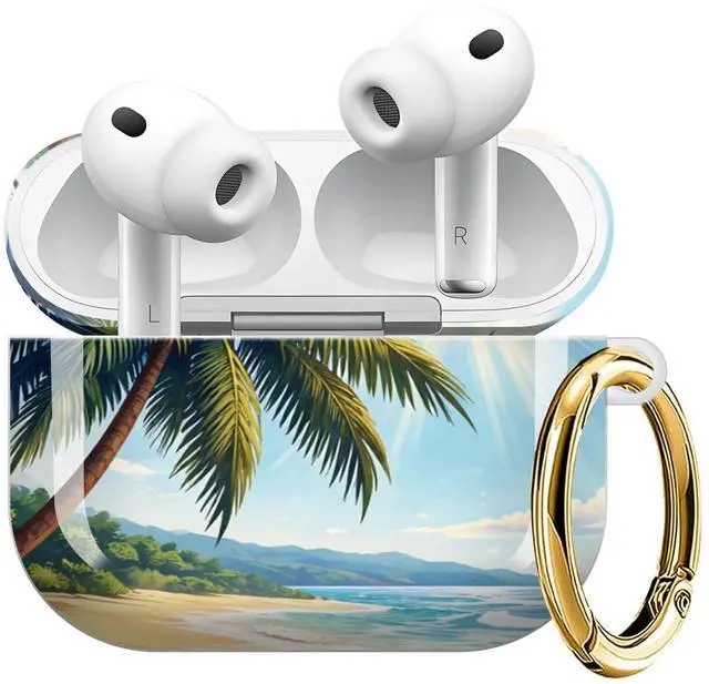 Main image of Compatible with AirPod Pro 3 Case (2025), Shockproof Dustproof Protective Cover with Cute Golden Keychain for Women & Girls - Tropical Beach Palm Tree