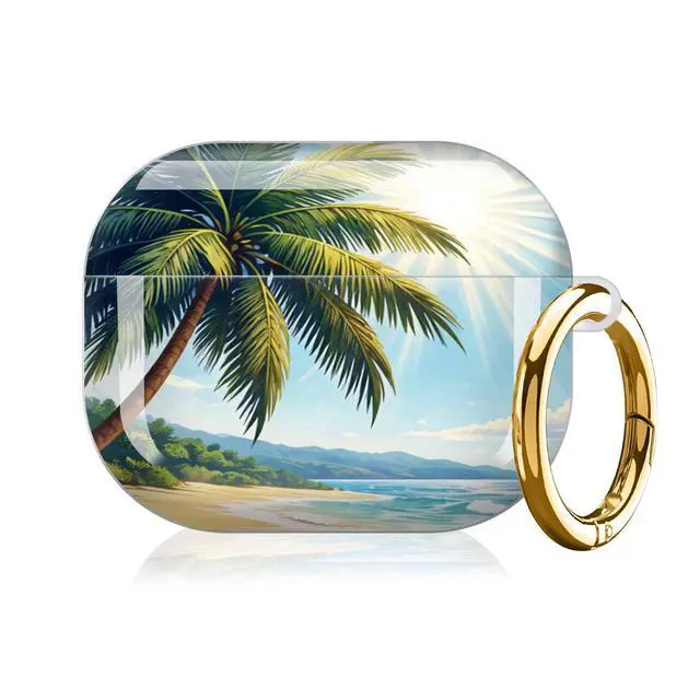 Alt view image 7 of 7 - Compatible with AirPod Pro 3 Case (2025), Shockproof Dustproof Protective Cover with Cute Golden Keychain for Women & Girls - Tropical Beach Palm Tree
