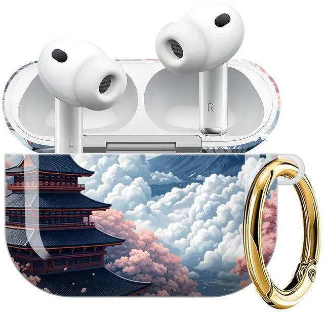 Main image of Compatible with AirPod Pro 3 Case (2025), Shockproof Dustproof Protective Cover with Cute Golden Keychain for Women & Girls - Cherry Blossom Mountain