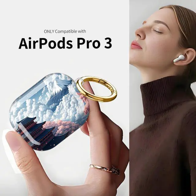 Alt view image 3 of 7 - Compatible with AirPod Pro 3 Case (2025), Shockproof Dustproof Protective Cover with Cute Golden Keychain for Women & Girls - Cherry Blossom Mountain
