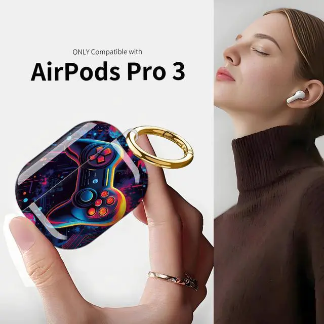 Alt view image 3 of 7 - Compatible with AirPod Pro 3 Case (2025), Shockproof Dustproof Protective Cover with Cute Golden Keychain for Women & Girls - Neon Game Controller