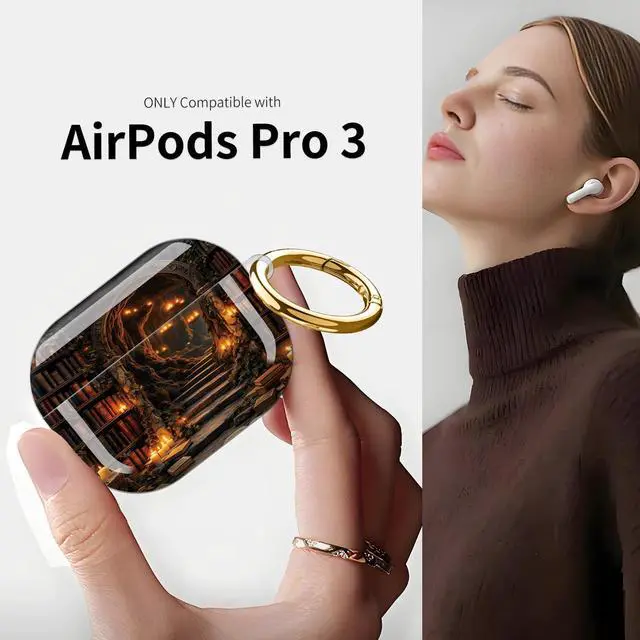 Alt view image 3 of 7 - Compatible with AirPod Pro 3 Case (2025), Shockproof Dustproof Protective Cover with Cute Golden Keychain for Women & Girls - Library Books