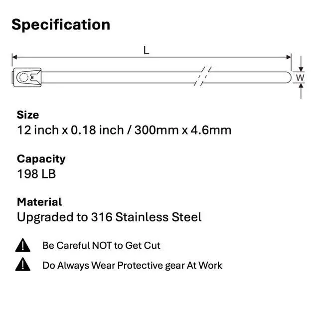 Alt view image 3 of 5 - 100 Pack 316 Stainless Steel Zip Ties Heavy Duty, 12 Inch, 198 lbs Tensile Strength, Self-Locking 300mm x 4.6mm, Weatherproof & Corrosion Resistant for Outdoor, Marine, Exhaust Wrap