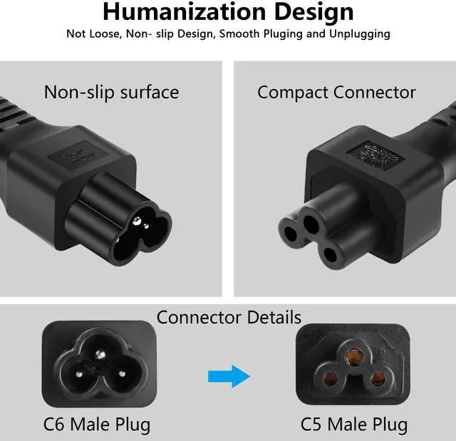 Alt view image 2 of 6 - C6 to Dual C5 Power Cord, IEC 320 C6 Male to 2XC5 Female Splitter, 2.5A/125V, 1FT/0.3M, Black, Laptop Power Replacement Cable