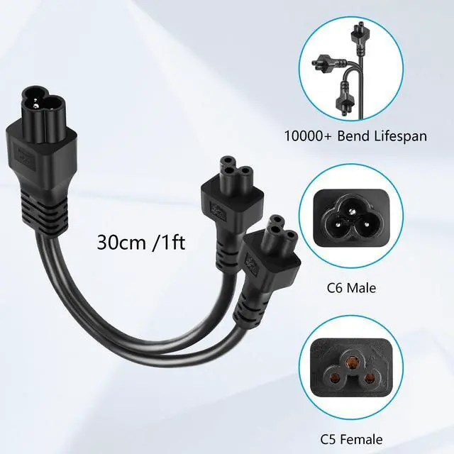Alt view image 6 of 6 - C6 to Dual C5 Power Cord, IEC 320 C6 Male to 2XC5 Female Splitter, 2.5A/125V, 1FT/0.3M, Black, Laptop Power Replacement Cable