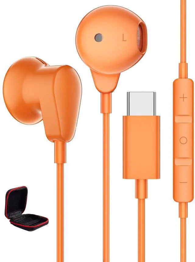 Main image of USB C Earbud for iPhone 17 Pro Max 16 15 Plus Wired Type C Headphone | Clear Call HiFi Stereo Earphones with Mic for Samsung Galaxy S26 S25 Ultra S24 S23 S22 Travel Meeting Corded Headsets Orange