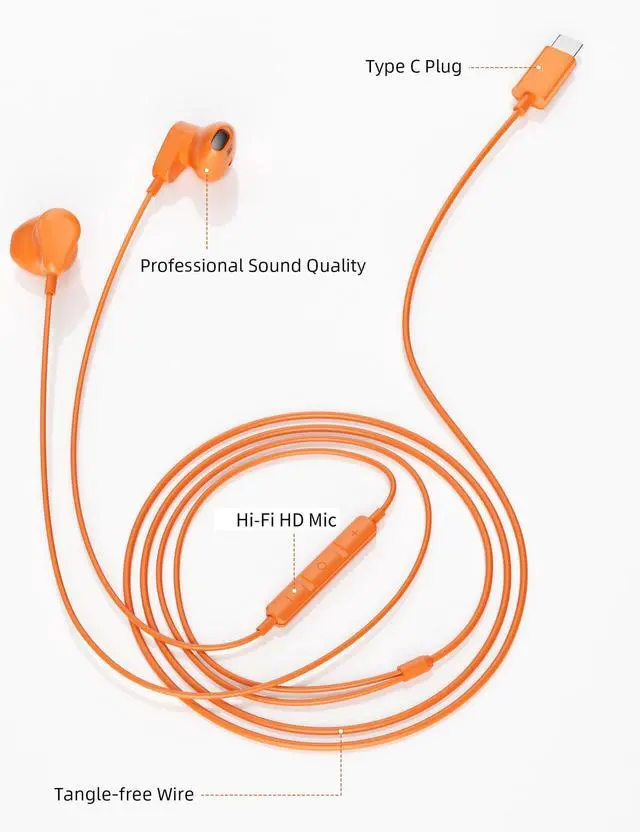 Alt view image 2 of 6 - USB C Earbud for iPhone 17 Pro Max 16 15 Plus Wired Type C Headphone | Clear Call HiFi Stereo Earphones with Mic for Samsung Galaxy S26 S25 Ultra S24 S23 S22 Travel Meeting Corded Headsets Orange