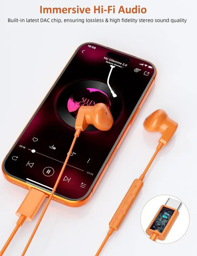Alt view image 5 of 6 - USB C Earbud for iPhone 17 Pro Max 16 15 Plus Wired Type C Headphone | Clear Call HiFi Stereo Earphones with Mic for Samsung Galaxy S26 S25 Ultra S24 S23 S22 Travel Meeting Corded Headsets Orange