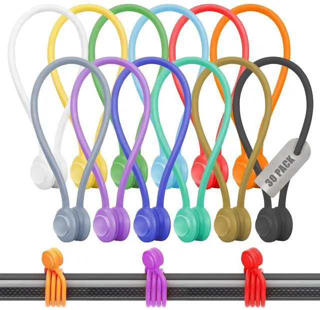 Main image of 30-Pack Magnetic Cable Ties Snap-On Silicone Magnetic Cord Ties with Strong Magnets Reusable Magnetic Ties for Cords, Wire Organizer, Charging Cord Organizer Assorted Colors