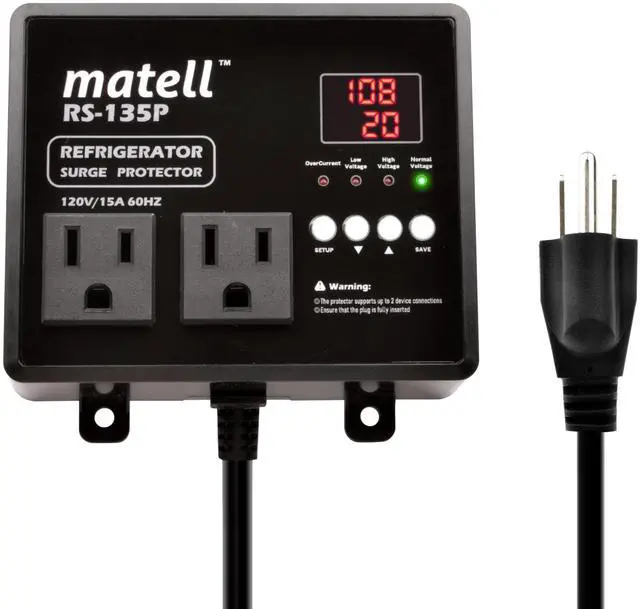Main image of Refrigerator Surge Protector Dual Outlet | Protects fridge from surge, brownout, over/under voltage. Auto shutoff, delay restart 1-120s. LED display