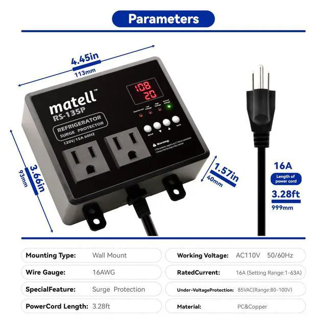 Alt view image 2 of 5 - Refrigerator Surge Protector Dual Outlet | Protects fridge from surge, brownout, over/under voltage. Auto shutoff, delay restart 1-120s. LED display