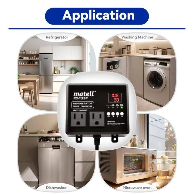 Alt view image 3 of 5 - Refrigerator Surge Protector Dual Outlet | Protects fridge from surge, brownout, over/under voltage. Auto shutoff, delay restart 1-120s. LED display