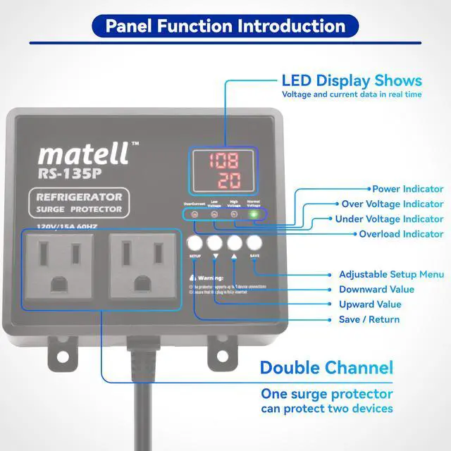 Alt view image 4 of 5 - Refrigerator Surge Protector Dual Outlet | Protects fridge from surge, brownout, over/under voltage. Auto shutoff, delay restart 1-120s. LED display