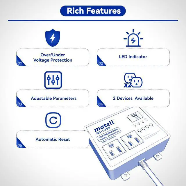 Alt view image 5 of 5 - Refrigerator Surge Protector Dual Outlet | Protects fridge from surge, brownout, over/under voltage. Auto shutoff, delay restart 1-120s. LED display