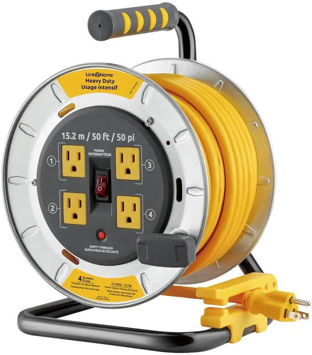 Main image of 50 Ft. Professional Grade Metal Cord Reel, 4 Outlets | 12/3 AWG 13A cable, overload protection, heavy-duty steel housing, job site ready
