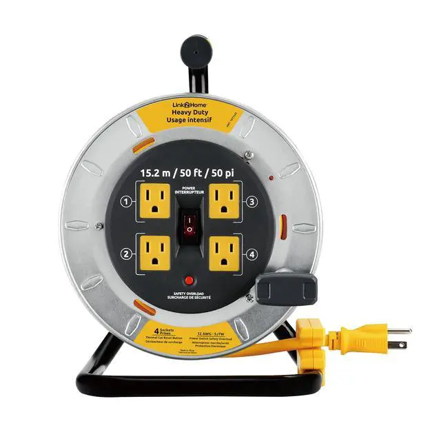 Alt view image 2 of 5 - 50 Ft. Professional Grade Metal Cord Reel, 4 Outlets | 12/3 AWG 13A cable, overload protection, heavy-duty steel housing, job site ready