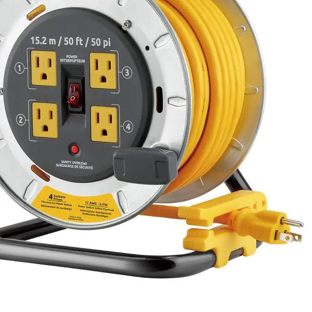 Alt view image 5 of 5 - 50 Ft. Professional Grade Metal Cord Reel, 4 Outlets | 12/3 AWG 13A cable, overload protection, heavy-duty steel housing, job site ready