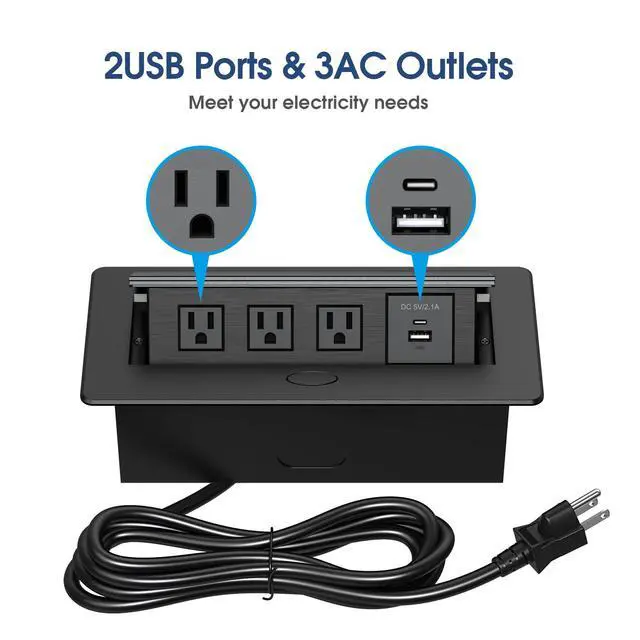 Alt view image 3 of 6 - Connection Box Desktop Pop Up Outlet with 3 * 15A Receptacle2.1A 1 USB-A Ports &1 USB-C PortCorrosive Resistant Hardware,Black