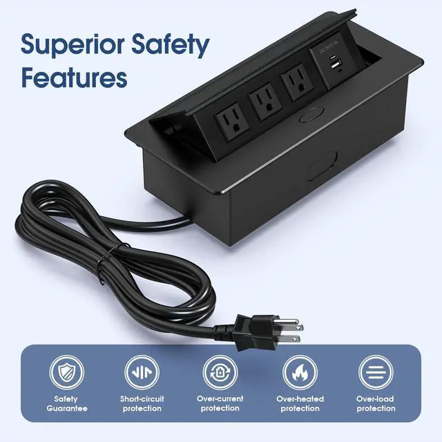 Alt view image 2 of 6 - Connection Box Desktop Pop Up Outlet with 3 * 15A Receptacle2.1A 1 USB-A Ports &1 USB-C PortCorrosive Resistant Hardware,Black