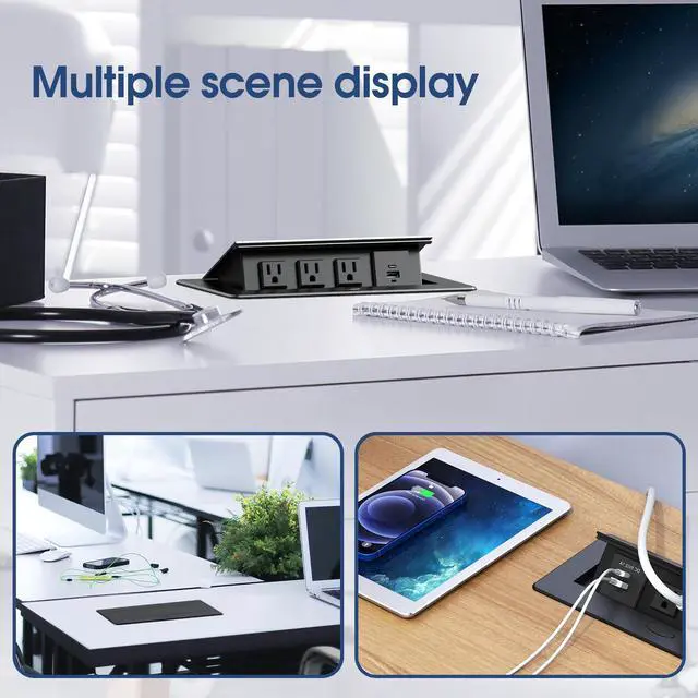 Alt view image 6 of 6 - Connection Box Desktop Pop Up Outlet with 3 * 15A Receptacle2.1A 1 USB-A Ports &1 USB-C PortCorrosive Resistant Hardware,Black