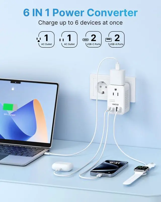 Alt view image 4 of 7 - 220V to 110V Converter, Travel Voltage Converter US to Europe, 2000W | Universal Travel Adapter, 4 USB Ports(2 USB C), Step Down Transformer, Power Converter Adapter Combo for EU UK JP AUS