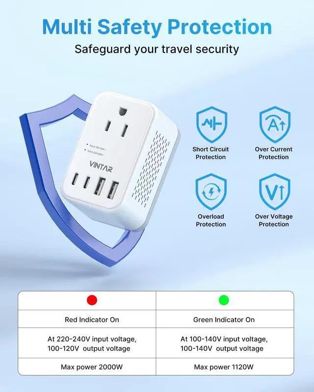 Alt view image 7 of 7 - 220V to 110V Converter, Travel Voltage Converter US to Europe, 2000W | Universal Travel Adapter, 4 USB Ports(2 USB C), Step Down Transformer, Power Converter Adapter Combo for EU UK JP AUS