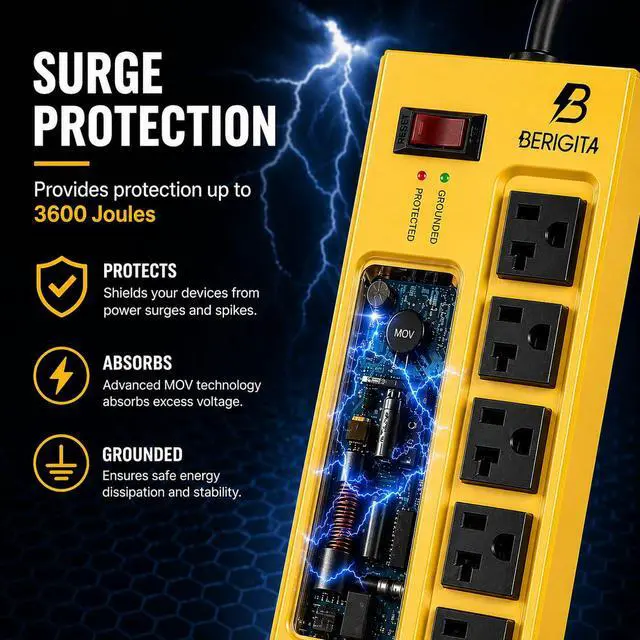 Alt view image 5 of 6 - Heavy Duty Metal Power Strip, 20 AMP Surge Protector with 9 Outlets, 12 Gauge Industrial Strength for Shop & Garage Use, 6 FT Extension Cord Included, Durable T-Slot Design-Yellow