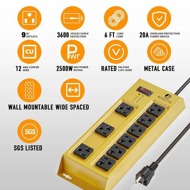 Alt view image 2 of 6 - Heavy Duty Metal Power Strip, 20 AMP Surge Protector with 9 Outlets, 12 Gauge Industrial Strength for Shop & Garage Use, 6 FT Extension Cord Included, Durable T-Slot Design-Yellow