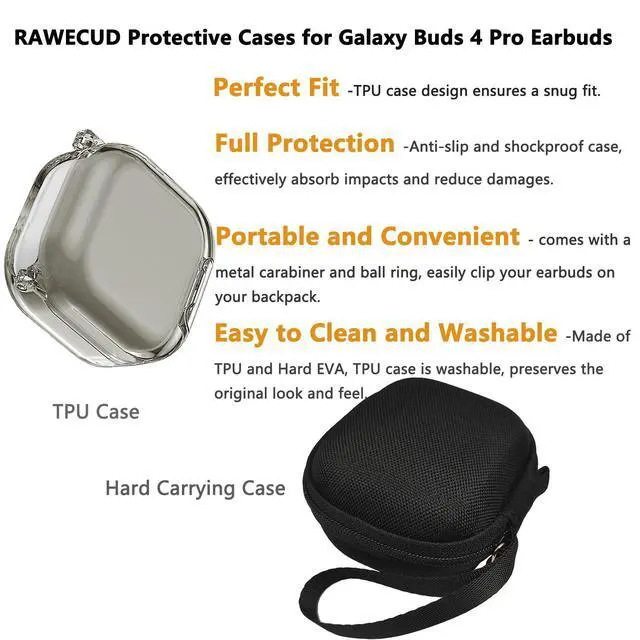 Alt view image 5 of 7 - Case for Samsung Galaxy Buds 4 Pro/Galaxy Buds 4 Accessories | Hard Carrying Case and Shockproof Protective Cover with Ball Ring and Metal Carabiner, for Men and for Women (Black)