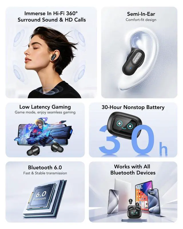Alt view image 3 of 7 - MS126 Wireless Earbuds with Touchscreen, 360° Panoramic Audio Semi-in-Ear Earbuds with Bluetooth 6.0, Clear Call, 30H Standby for Sports, Office, Study