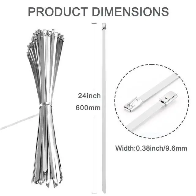 Alt view image 2 of 7 - 40 Pack 24 Inch Stainless Steel Zip Ties Heavy Duty, 265lbs Tensile Strength Metal Cable Ties, 304 Grade UV Resistant Self-Locking Strap with Rounded Edges for Exhaust Wrap, Pipes, Fences