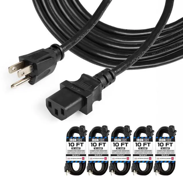 Main image of PC/TV/Monitor Power Cord, 10 Ft, 5 Pack | 18/3 Cable, 5 Pack - For TVs, Computers & Monitors