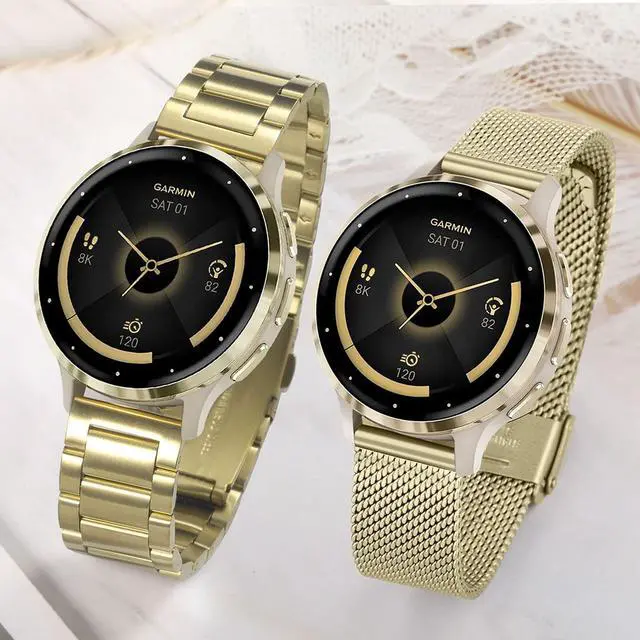 Alt view image 5 of 7 - Band Sets for Venu 3S / Venu 4 41mm Women Smart Watch, 2 Pack Solid Stainless Steel Metal + Mesh Strap for Garmin Venu 2S / Forerunner 265S