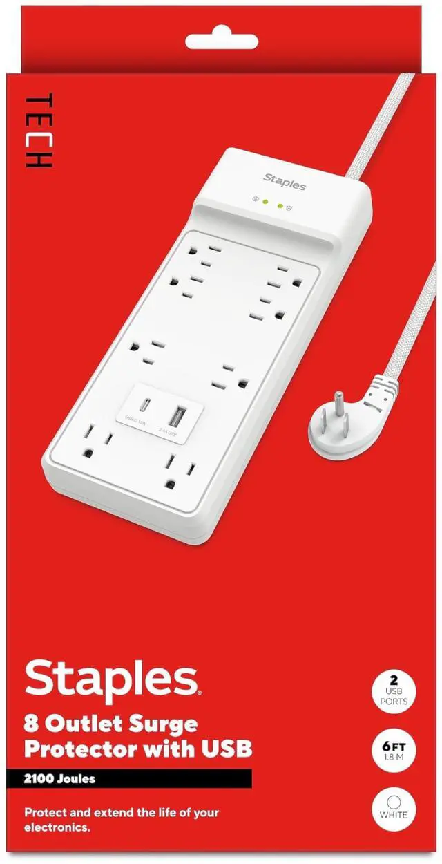Main image of TECH 8-Outlet Surge Protector, 2 USB Ports, 6 Ft Cord, 2100J | Flat offset plug for home and office electronics. White, braided cord
