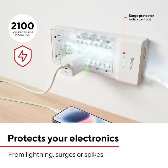 Alt view image 3 of 6 - TECH 8-Outlet Surge Protector, 2 USB Ports, 6 Ft Cord, 2100J | Flat offset plug for home and office electronics. White, braided cord