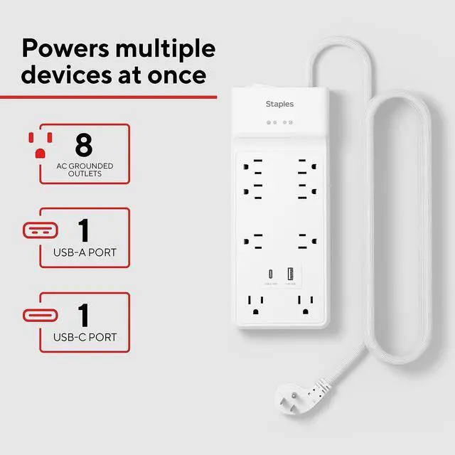 Alt view image 2 of 6 - TECH 8-Outlet Surge Protector, 2 USB Ports, 6 Ft Cord, 2100J | Flat offset plug for home and office electronics. White, braided cord