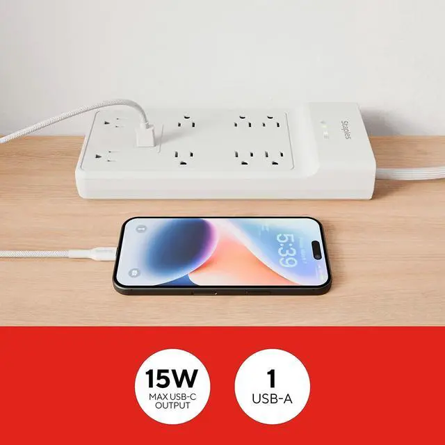 Alt view image 5 of 6 - TECH 8-Outlet Surge Protector, 2 USB Ports, 6 Ft Cord, 2100J | Flat offset plug for home and office electronics. White, braided cord