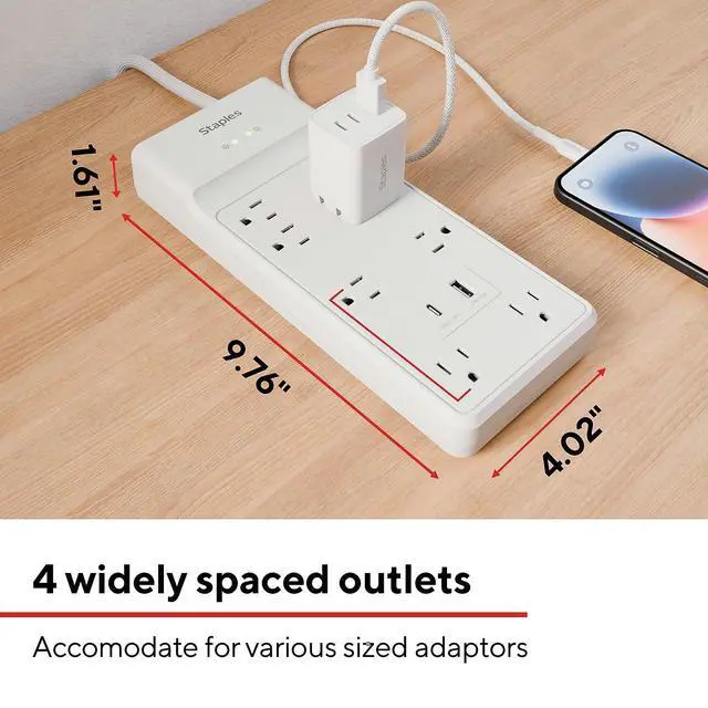 Alt view image 4 of 6 - TECH 8-Outlet Surge Protector, 2 USB Ports, 6 Ft Cord, 2100J | Flat offset plug for home and office electronics. White, braided cord
