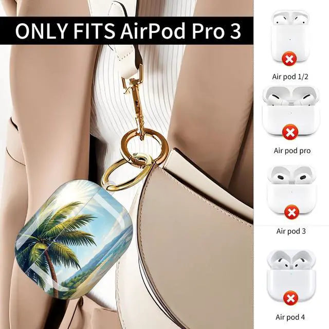 Alt view image 2 of 7 - Compatible with AirPod Pro 3 Case (2025), Shockproof Dustproof Protective Cover with Cute Golden Keychain for Women & Girls - Tropical Beach Palm Tree