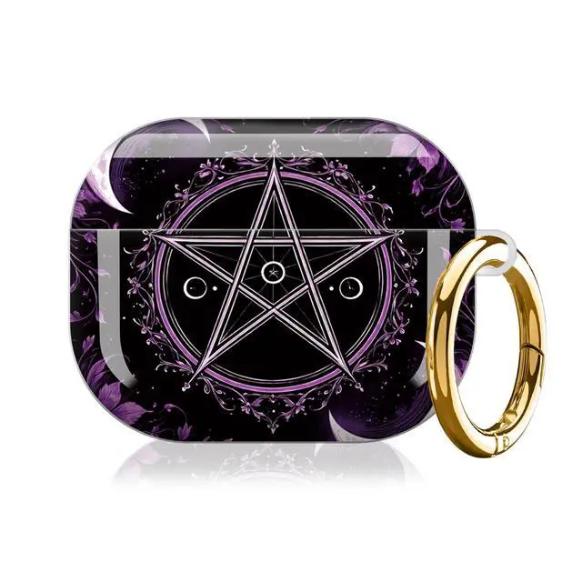 Alt view image 7 of 7 - Compatible with AirPod Pro 3 Case (2025), Shockproof Dustproof Protective Cover with Cute Golden Keychain for Women & Girls - Purple Moon Pentagram Floral