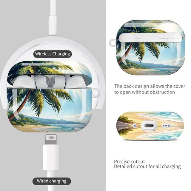 Alt view image 4 of 7 - Compatible with AirPod Pro 3 Case (2025), Shockproof Dustproof Protective Cover with Cute Golden Keychain for Women & Girls - Tropical Beach Palm Tree